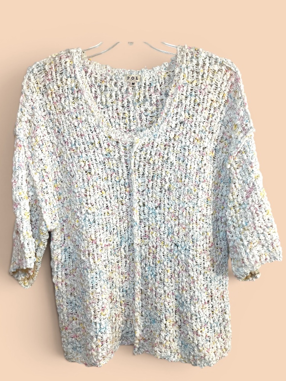 POL Confetti Popcorn Knit Oversized Scoop Neck Sweater White Multi Size M